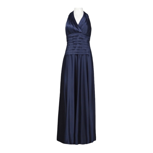 JS COLLECTIONS Navy Blue Halter Pleated Satin Formal Maxi Gown Size 10 - Picture 2 of 7